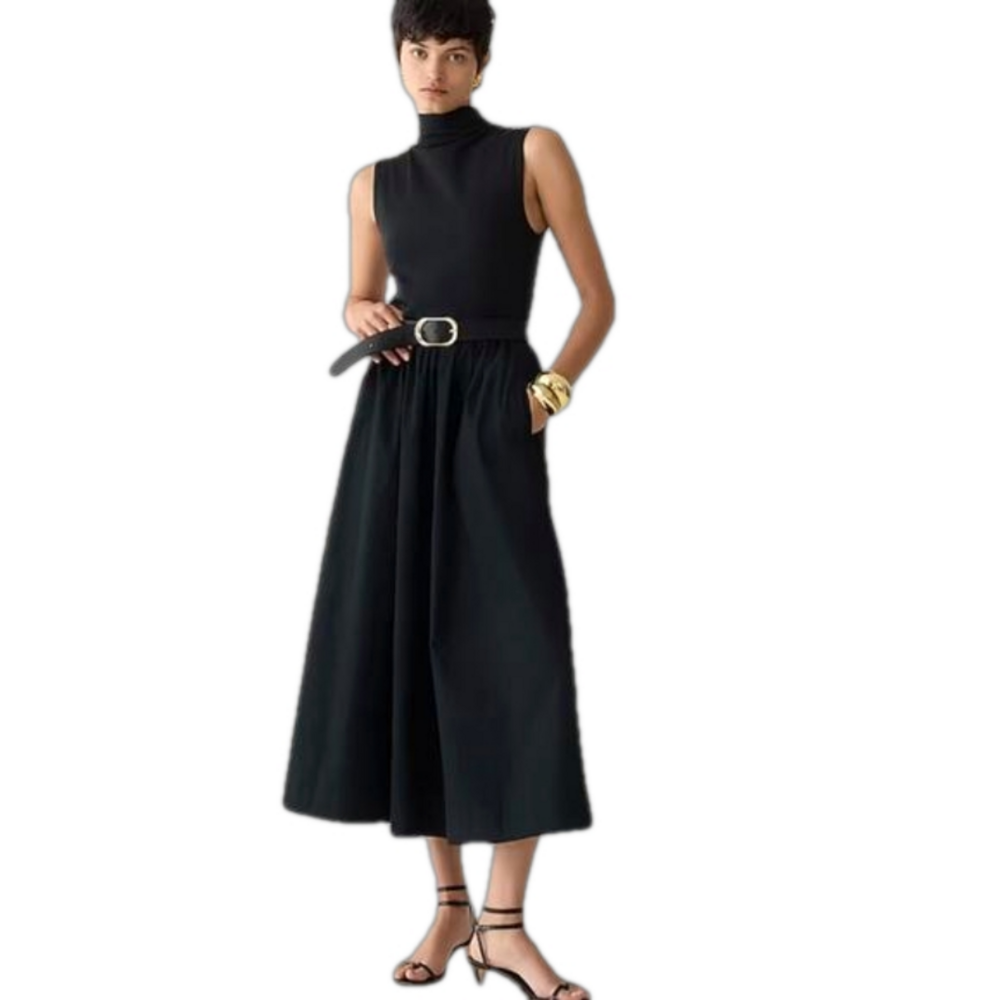 J Crew Knit Mock Neck Dress with Poplin Skirt NWT Sz L BY263 BLACK